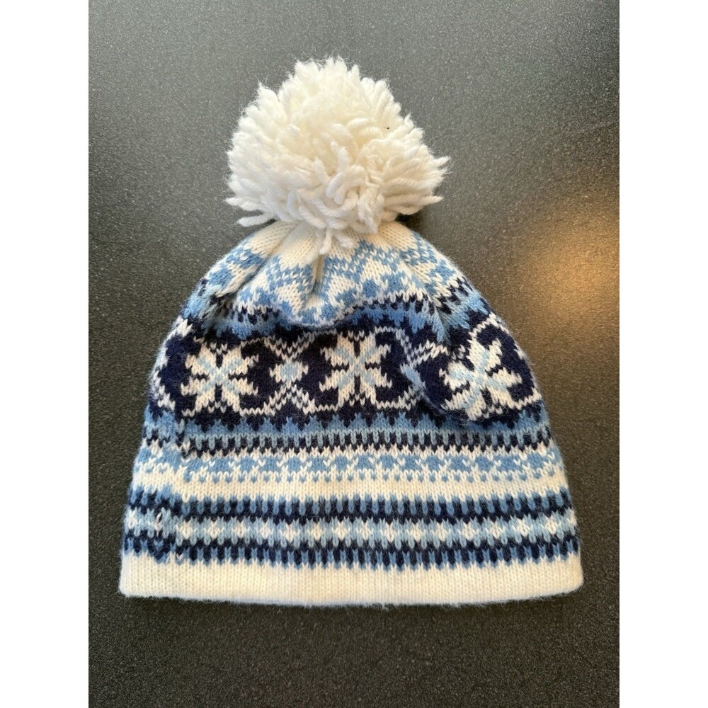 vintage 80’s Winter hat Pom Pom Blue And White Beanie ski fairisle snow outdoors